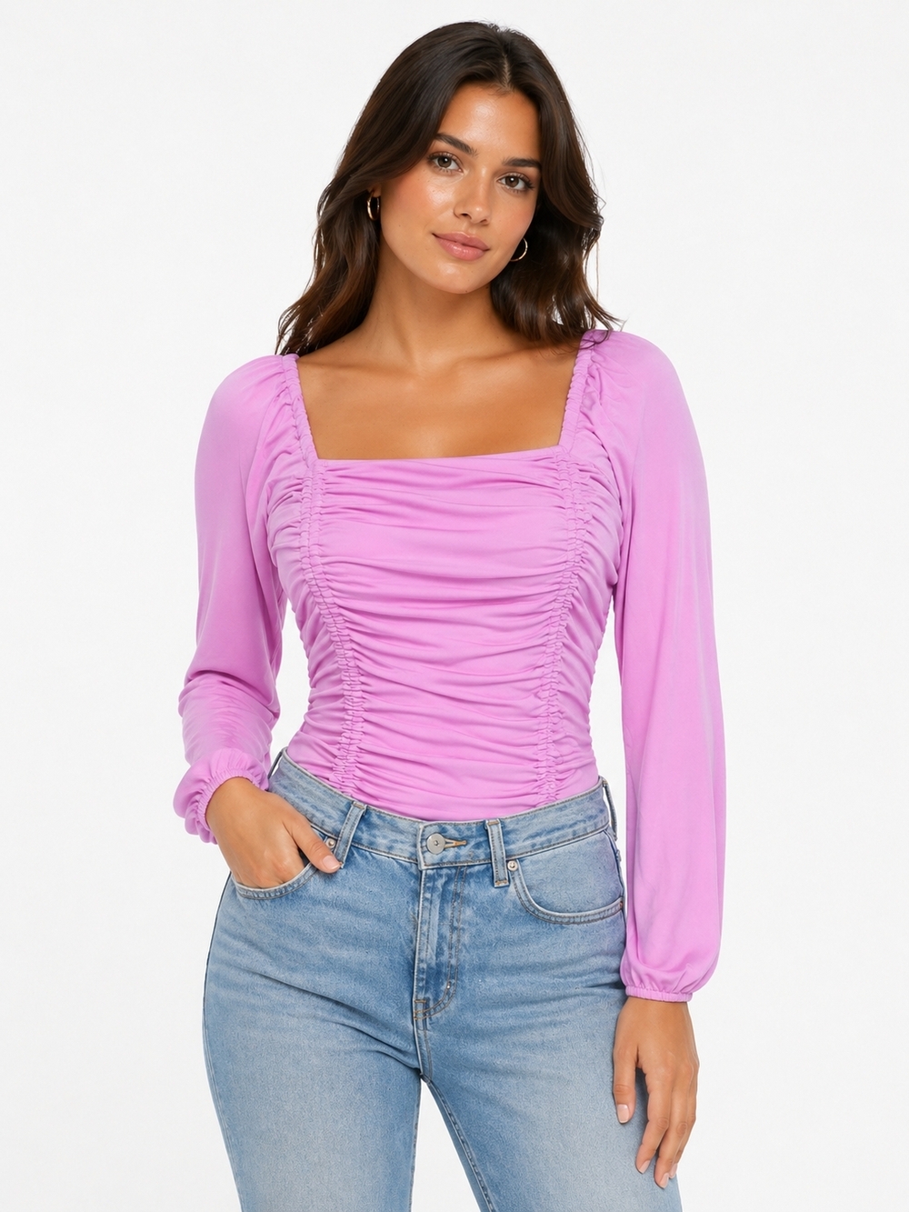 Forever 21 Lilac Ruched Square-Neck Long Sleeve Top - Pastel Purple